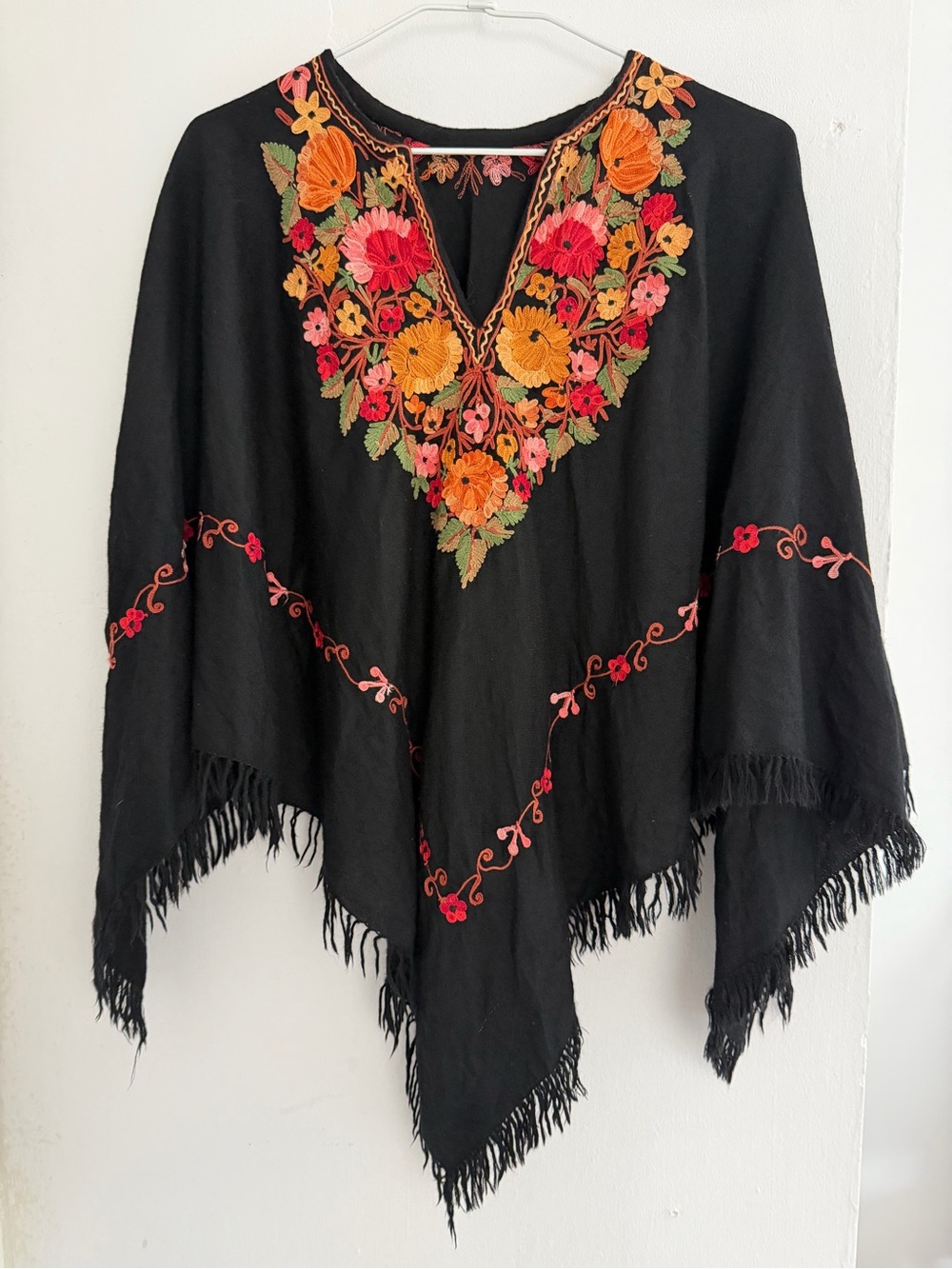 Black Floral Embroidered Wool-Like Fringe Poncho